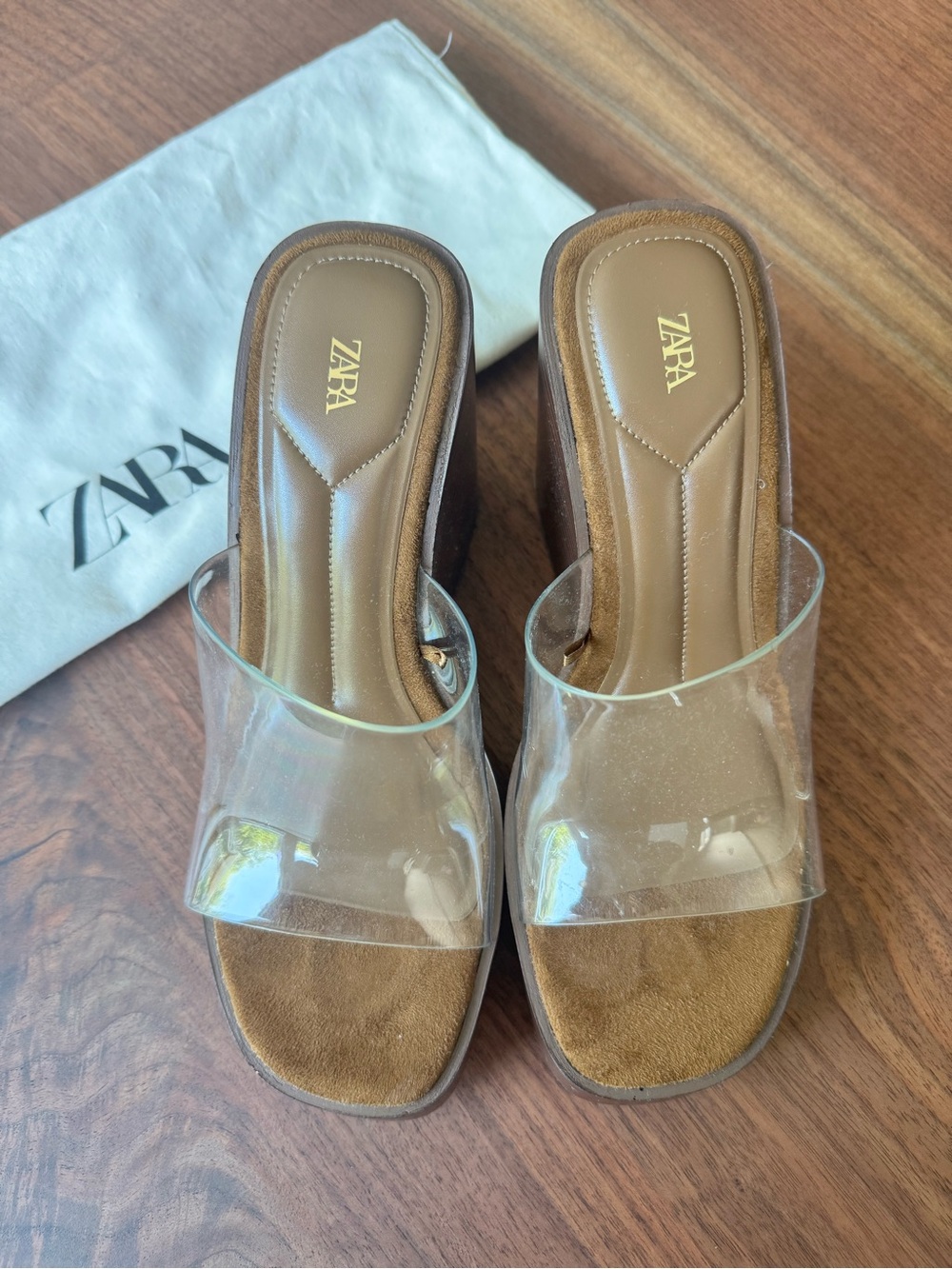 Zara Clear Strap Tan Suede Mule Sandals